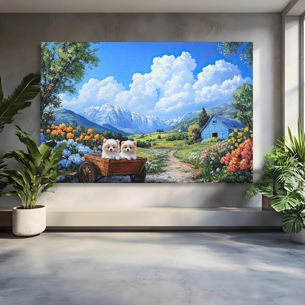 Tablou canvas cu tablou canvas cu catei in caruta si munti, fara rama, pe sasiu de lemn
